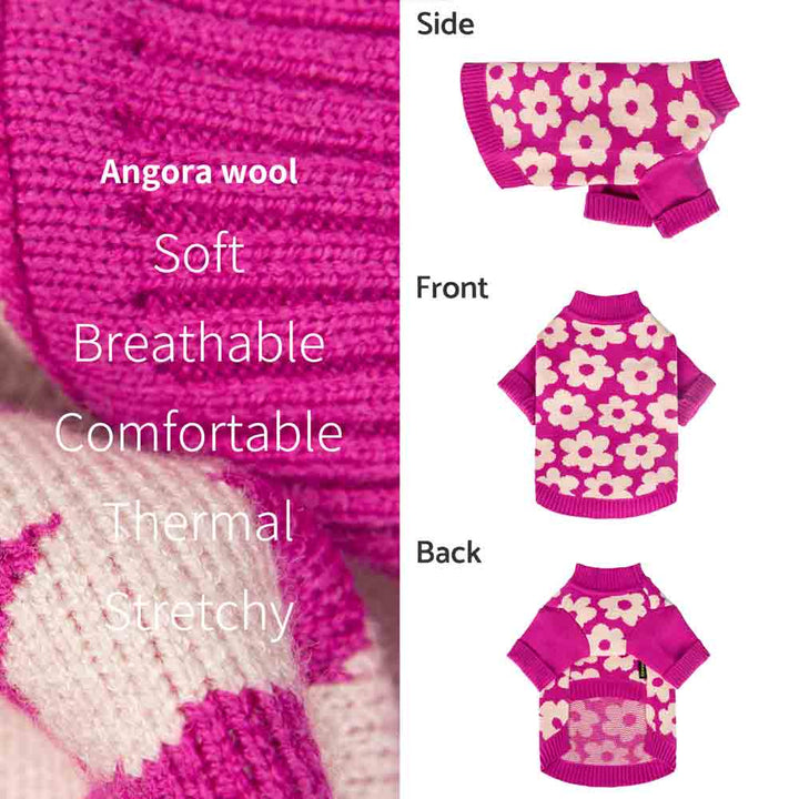 Pink Dog Sweater Adorned with White Flowers - Fitwarm Dog Clothes