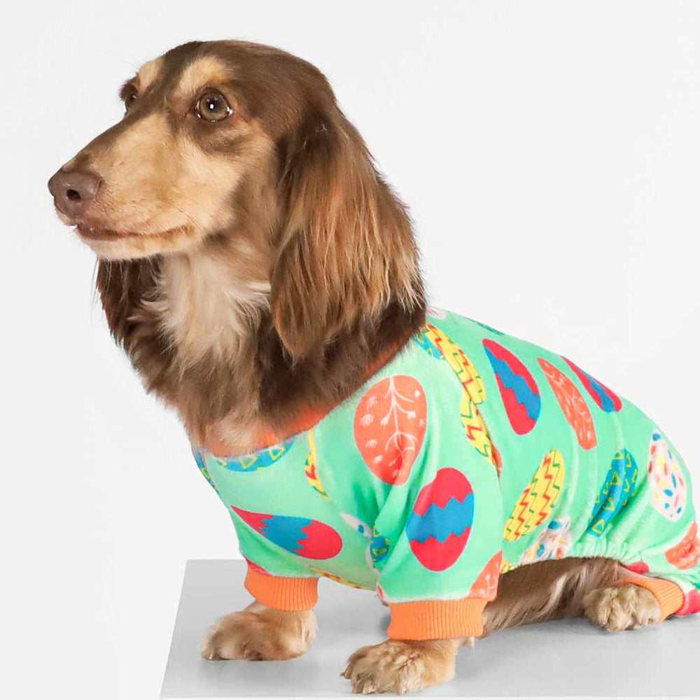 Easter Egg Themed Dog Pajamas on Dachshund - Dachshund Apparel for Dogs - Fitwarm Dog Clothes