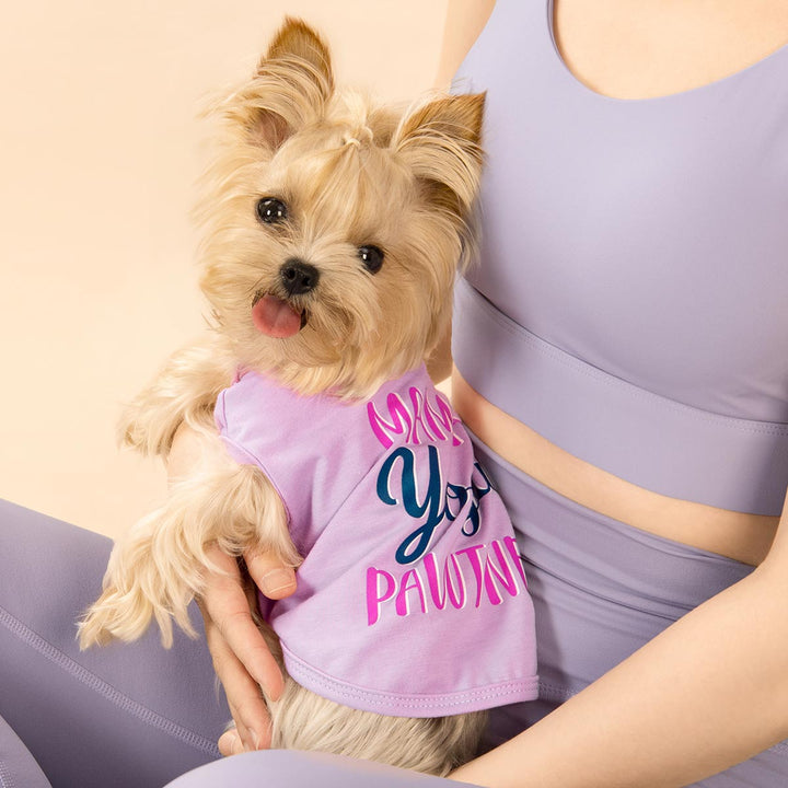 Yorkie in a Dog Tank Top with Mama's Yoga Pawtner Lettering - Fitwarm Dog Clothes