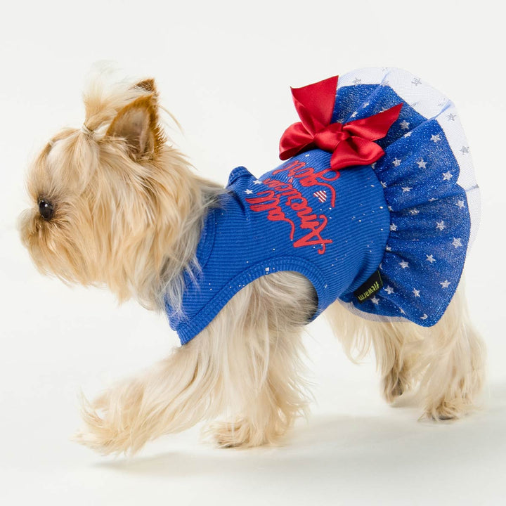 Yorkie in a Dog Dress with Patriotic All American Girl Lettering - Fitwarm Dog Clothes