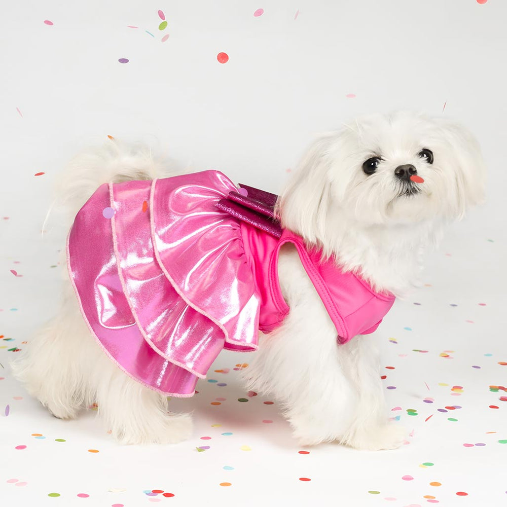 Glossy Pink Dog Dress with Tiered Ruffle for Maltese - Dogs at Weddings Outfits - Fitwarm Dog Clothes