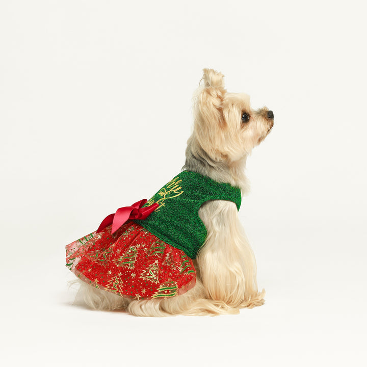 Dog Christmas Dress with Glitter Christmas Tree Prints - Fitwarm Dog Clothes