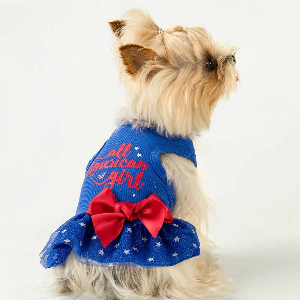 Yorkie in a All American Girl Dog Dress for 4th of July Ceremony - Fitwarm Dog Clothes