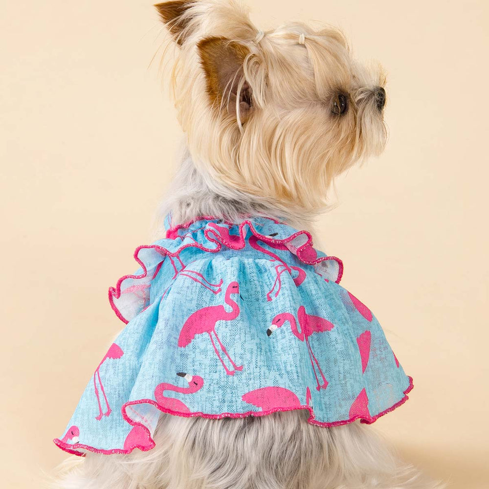 Yorkie in a Flamingo Summer Dog Dress - Fitwarm Dog Clothes