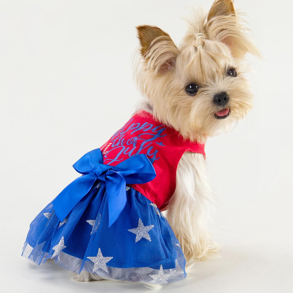 Yorkie in a Dog Dress with Patriotic Happy 4th of July Lettering - Fitwarm Dog Clothes