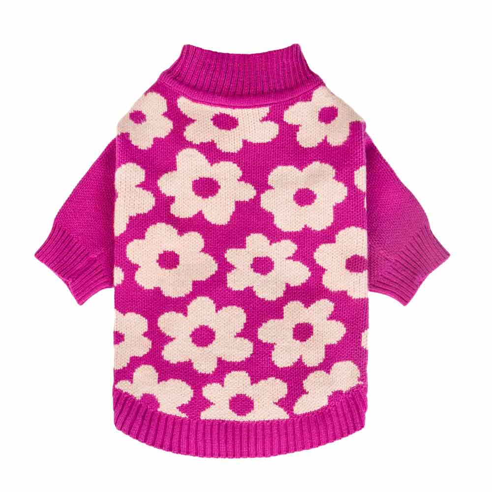 Pink Dog Sweater with White Floral Prints - Fitwarm Dog Clothes