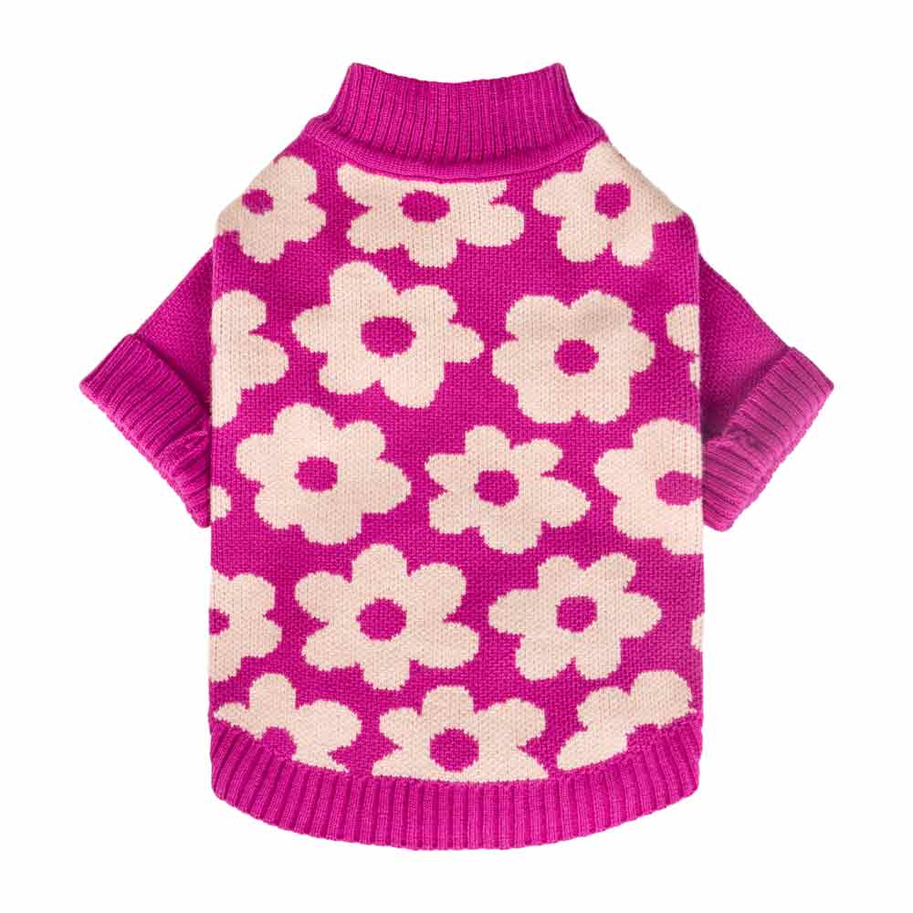 Pink Dog Sweater with White Floral Prints - Fitwarm Dog Clothes