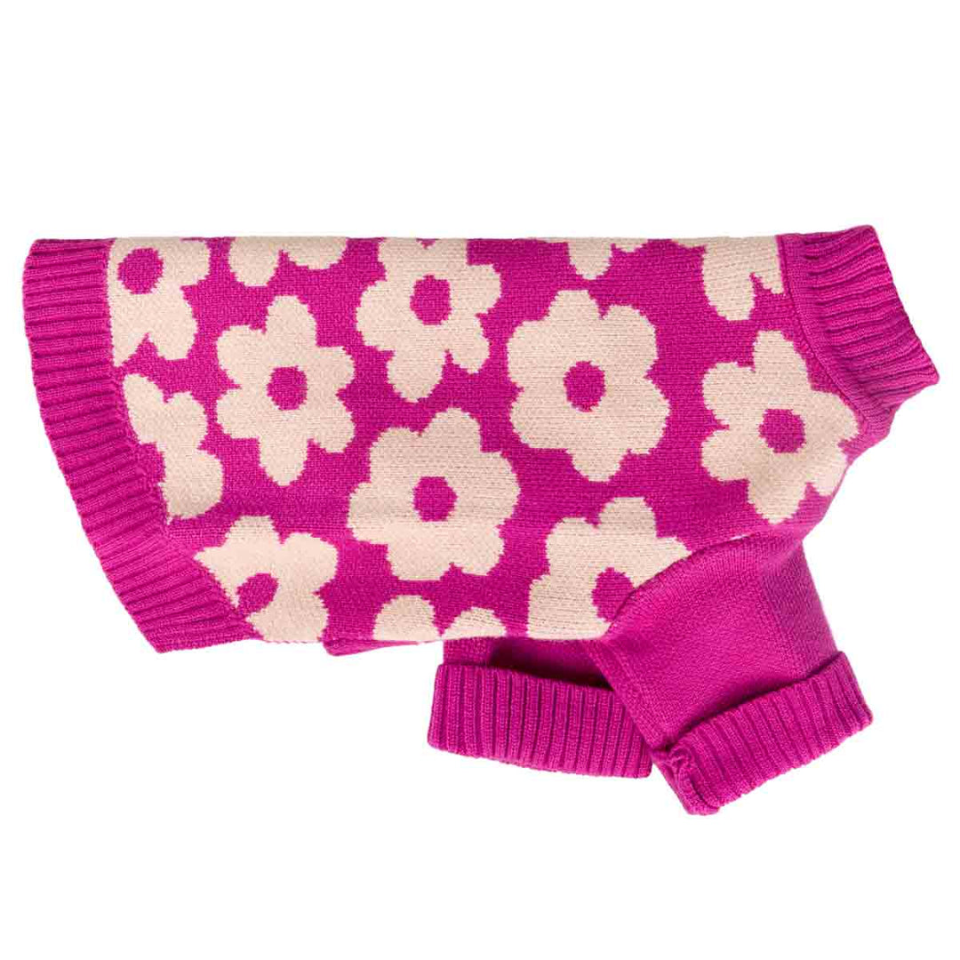 Pink Dog Sweater with White Floral Prints - Fitwarm Dog Clothes