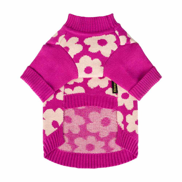 Pink Dog Sweater with White Floral Prints - Fitwarm Dog Clothes