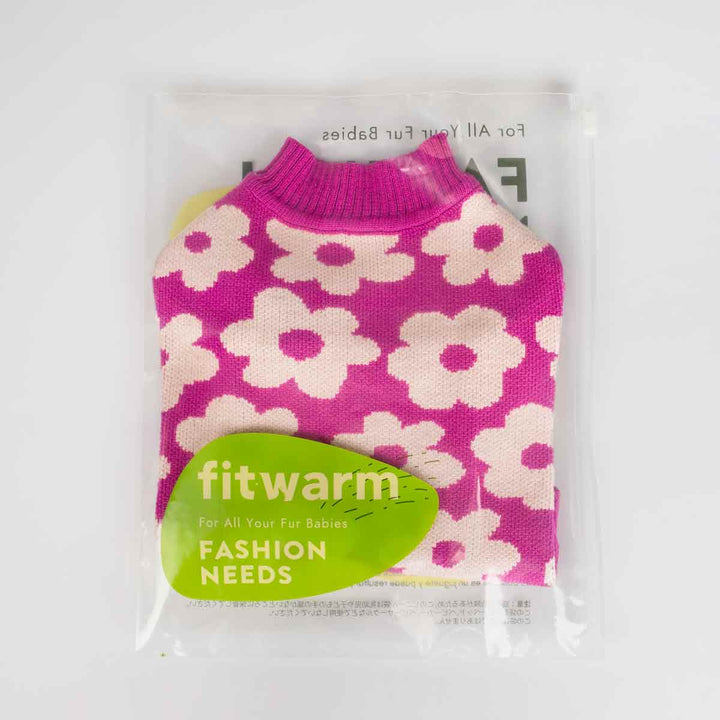 Pink Dog Sweater Adorned with White Flowers - Fitwarm Dog Clothes