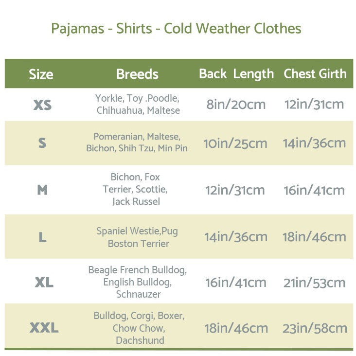 Size Chart - Fitwarm Dog Clothes